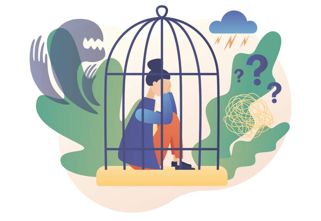 Woman in cage due inner fears. Psychology, solitude, fear or men